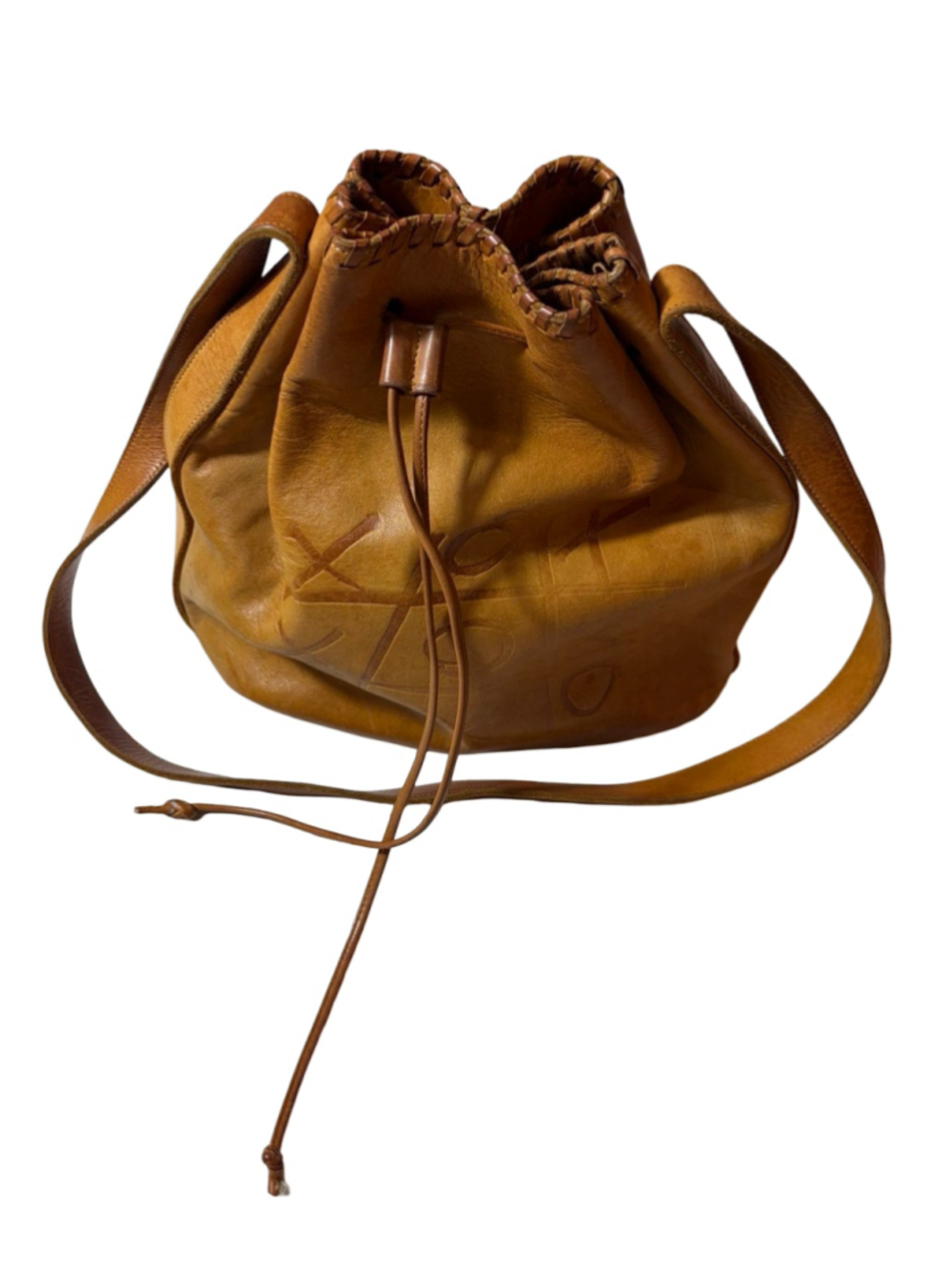 Vintage Carlos Falchi Buffalo Bag Cognac Leather Drawstring Bucket Purse